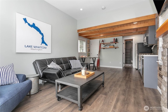 990 S Lake Whatcom Blvd Unit 65, Sedro Woolley, WA 98284 - living room with beamed ceiling, dark wood-style flooring, baseboards, and recessed lighting