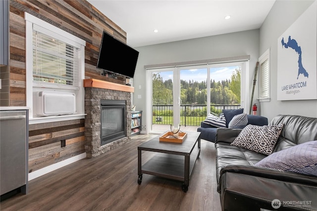 990 S Lake Whatcom Blvd Unit 65, Sedro Woolley, WA 98284 - living room with baseboards, a stone fireplace, recessed lighting, and wood finished floors