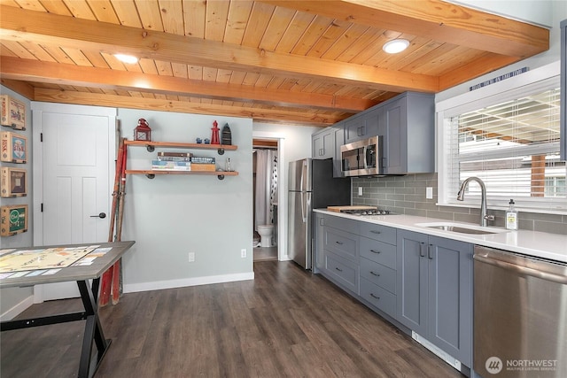 990 S Lake Whatcom Blvd Unit 65, Sedro Woolley, WA 98284 - kitchen featuring gray cabinets, beam ceiling, a sink, wooden ceiling, and stainless steel appliances