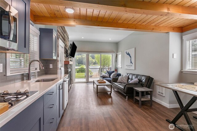 990 S Lake Whatcom Blvd Unit 65, Sedro Woolley, WA 98284 - kitchen with a sink, gray cabinetry, beam ceiling, and a healthy amount of sunlight