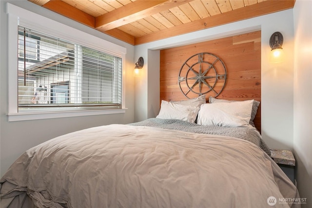 990 S Lake Whatcom Blvd Unit 65, Sedro Woolley, WA 98284 - bedroom with wood ceiling, wood walls, and beam ceiling