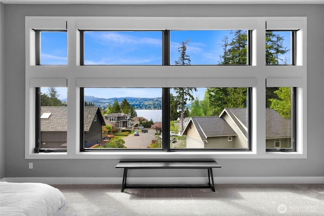 interior space with carpet floors, baseboards, and a water view