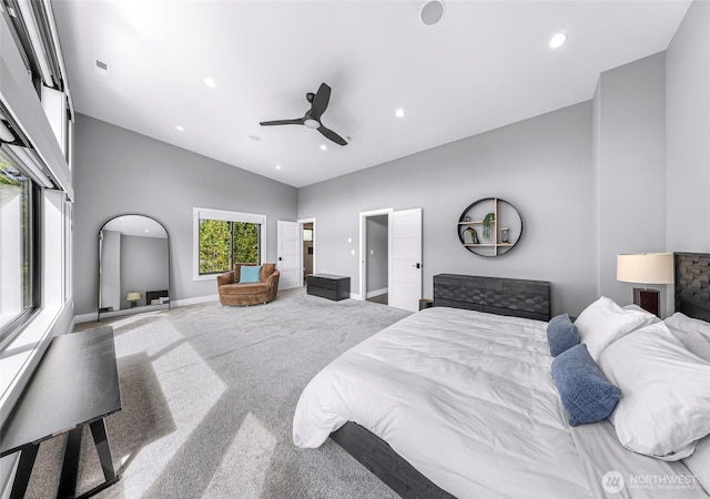 bedroom featuring baseboards, carpet, recessed lighting, and lofted ceiling