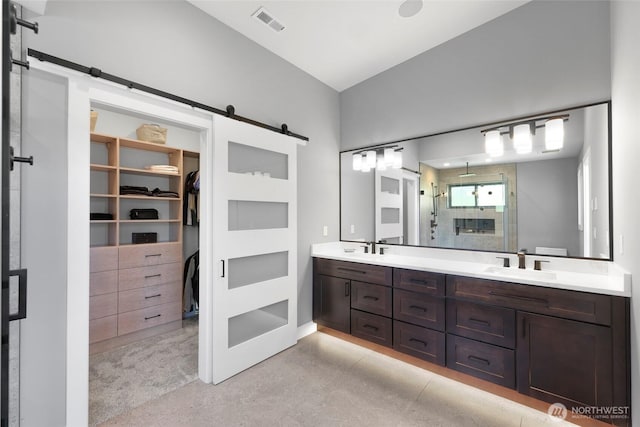 bathroom featuring double vanity, a sink, a walk in closet, and a stall shower