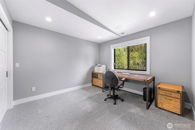 office space with baseboards, carpet, recessed lighting, and visible vents