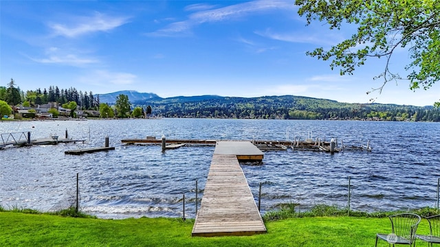 view of dock with a water and mountain view