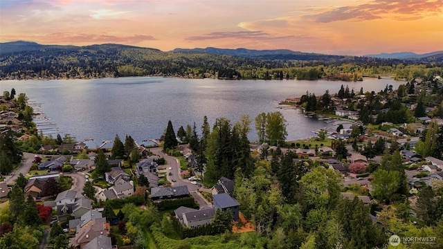 birds eye view of property featuring a forest view, a residential view, and a water and mountain view