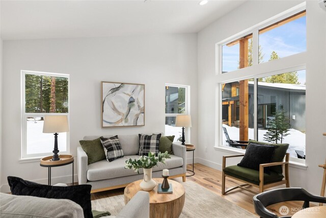 living area featuring recessed lighting, baseboards, and wood finished floors