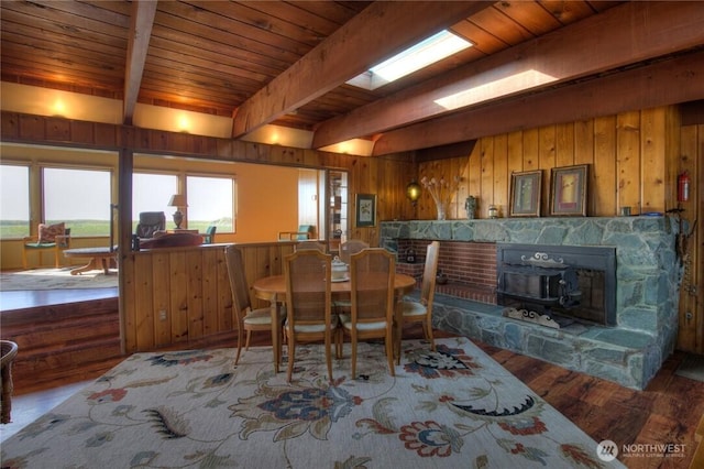 420W Lough Ln, Westport, WA 98595 - dining area featuring wood walls, wood finished floors, a wood stove, beamed ceiling, and wood ceiling