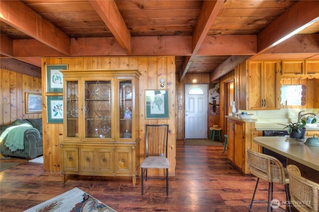 420W Lough Ln, Westport, WA 98595 - kitchen with wooden walls, wood ceiling, beamed ceiling, and dark wood finished floors
