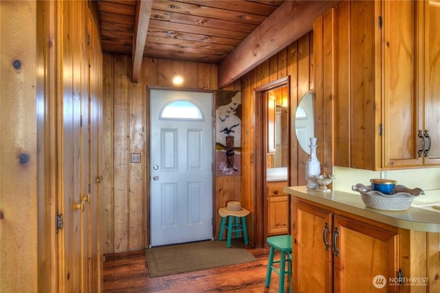 420W Lough Ln, Westport, WA 98595 - entryway with beamed ceiling, wood walls, wood ceiling, and wood finished floors