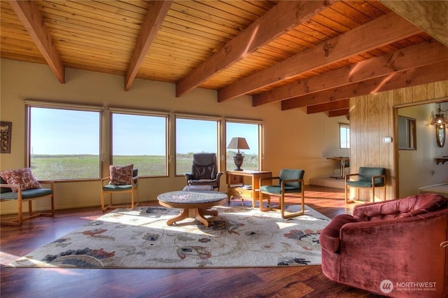 420W Lough Ln, Westport, WA 98595 - living room featuring beamed ceiling, wooden ceiling, and wood finished floors