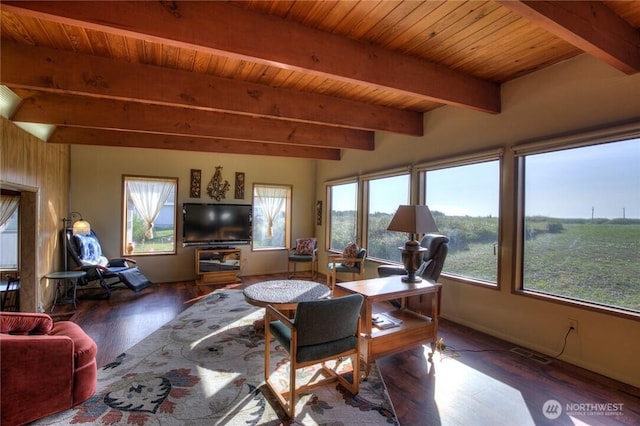 420W Lough Ln, Westport, WA 98595 - living room with beamed ceiling, visible vents, wood ceiling, and wood finished floors