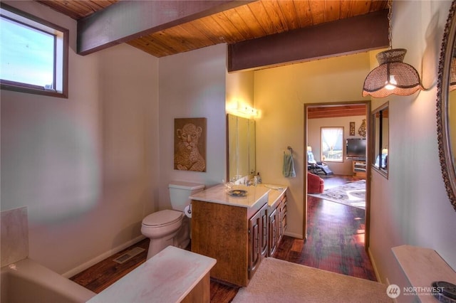 420W Lough Ln, Westport, WA 98595 - bathroom with toilet, wood finished floors, vanity, beamed ceiling, and wood ceiling