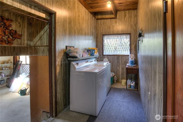 420W Lough Ln, Westport, WA 98595 - washroom featuring wooden walls, laundry area, carpet, and washer and clothes dryer