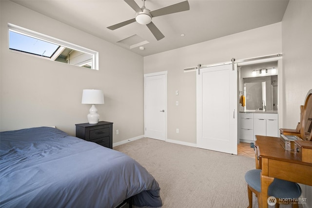 4818 Springside St, Bellingham, WA 98226 - bedroom featuring a barn door, ensuite bathroom, light colored carpet, and ceiling fan