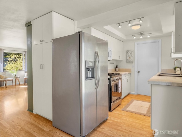 kitchen with a sink, a raised ceiling, light countertops, light wood-style flooring, and stainless steel appliances