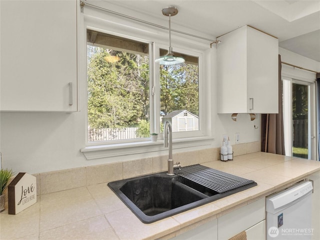 kitchen featuring a sink, a healthy amount of sunlight, white cabinets, and dishwasher