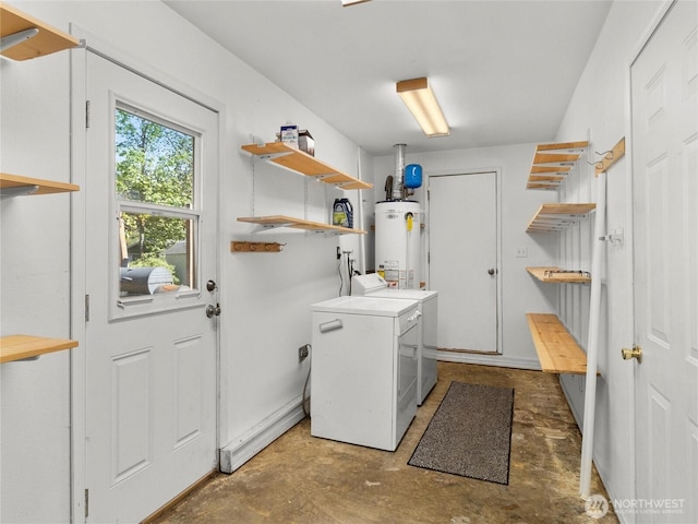 laundry area with laundry area, water heater, and independent washer and dryer