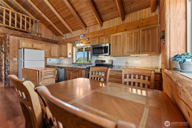 kitchen featuring lofted ceiling with beams, wood walls, stainless steel appliances, decorative backsplash, and wooden ceiling