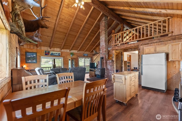 dining space featuring a wood stove, wooden walls, high vaulted ceiling, dark wood-type flooring, and wooden ceiling