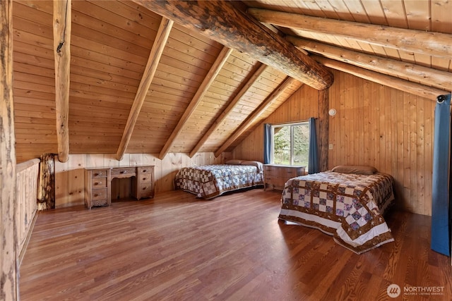bedroom with wooden ceiling, vaulted ceiling with beams, wood walls, and wood finished floors