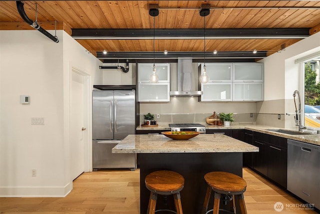 2635 22nd Ave W Unit B, Seattle, WA 98199 - kitchen featuring wall chimney range hood, light wood-type flooring, a sink, wooden ceiling, and stainless steel appliances