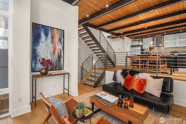 2635 22nd Ave W Unit B, Seattle, WA 98199 - living area with beam ceiling, stairs, baseboards, wooden ceiling, and wood finished floors