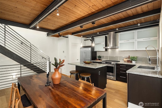 2635 22nd Ave W Unit B, Seattle, WA 98199 - kitchen with wall chimney range hood, track lighting, a sink, stainless steel appliances, and wooden ceiling