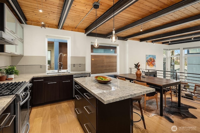 2635 22nd Ave W Unit B, Seattle, WA 98199 - kitchen with a sink, stainless steel gas range oven, wooden ceiling, light wood-type flooring, and beamed ceiling
