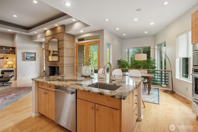 kitchen with a sink, appliances with stainless steel finishes, light wood finished floors, and a large fireplace