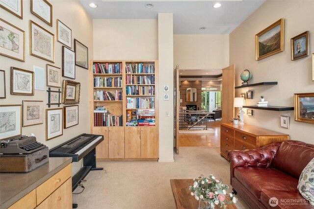 home office featuring recessed lighting and carpet