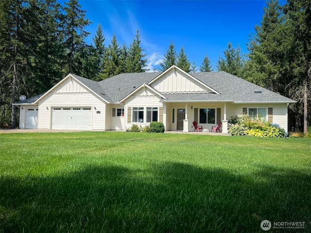 118 Woodview Ln, Napavine, WA 98596 - view of front facade featuring board and batten siding, covered porch, roof with shingles, a front yard, and a garage