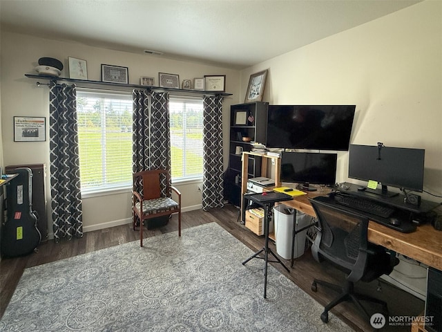 118 Woodview Ln, Napavine, WA 98596 - office featuring baseboards, visible vents, wood finished floors, and lofted ceiling