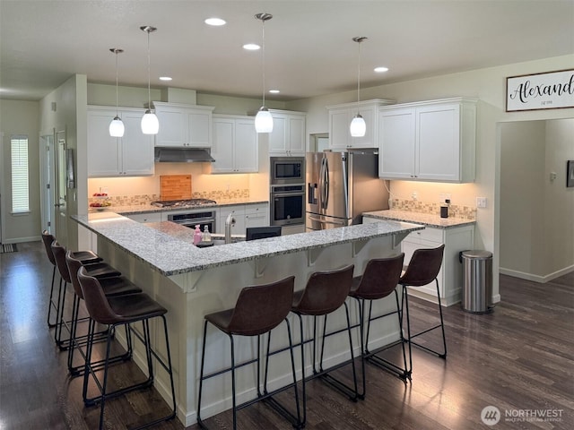 118 Woodview Ln, Napavine, WA 98596 - kitchen with under cabinet range hood, stainless steel appliances, dark wood finished floors, and recessed lighting