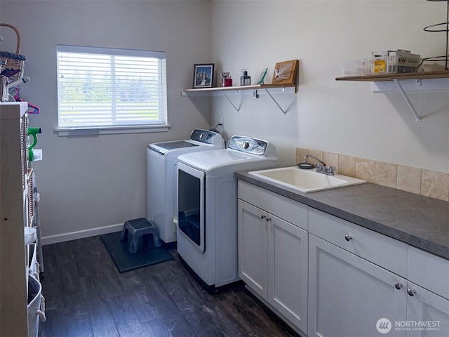 118 Woodview Ln, Napavine, WA 98596 - washroom with separate washer and dryer, a sink, dark wood-style flooring, and cabinet space