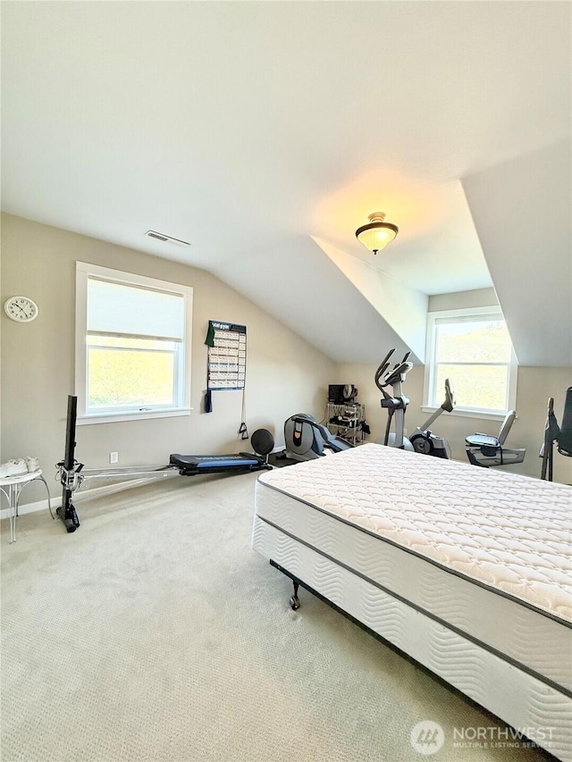 bedroom with visible vents, carpet, multiple windows, and lofted ceiling