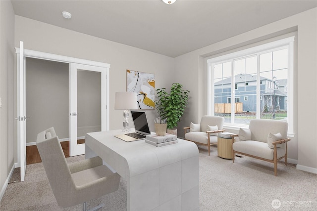 living room featuring baseboards, light carpet, and french doors