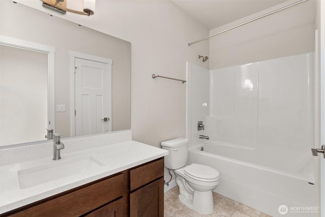 full bathroom with shower / bath combination, vanity, tile patterned flooring, and toilet