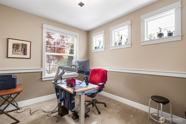 home office featuring carpet flooring and baseboards