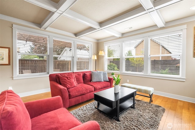 living room featuring baseboards, wood finished floors, and coffered ceiling