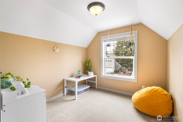 bonus room with baseboards, vaulted ceiling, and light carpet