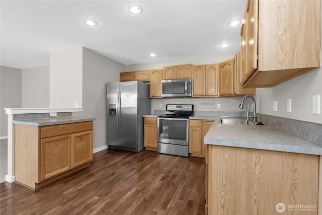 kitchen with appliances with stainless steel finishes, a sink, light brown cabinets, dark wood finished floors, and recessed lighting