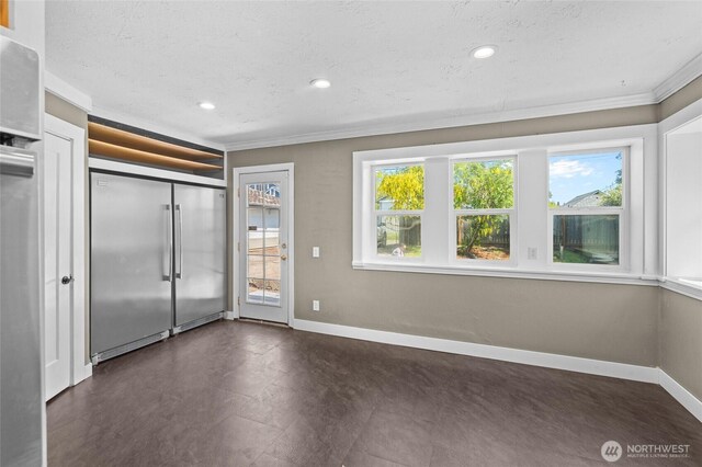 unfurnished bedroom with crown molding, access to outside, recessed lighting, baseboards, and stainless steel built in refrigerator
