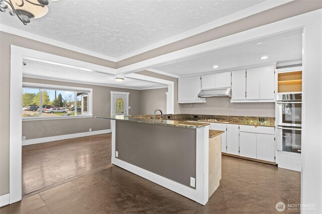 kitchen featuring recessed lighting, white cabinets, under cabinet range hood, and stainless steel double oven