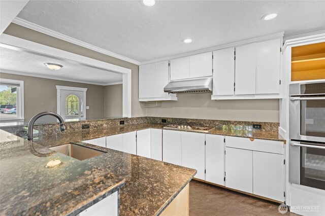kitchen featuring a sink, appliances with stainless steel finishes, under cabinet range hood, and dark stone counters