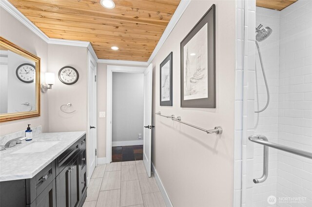 full bath featuring vanity, crown molding, recessed lighting, wood ceiling, and a stall shower