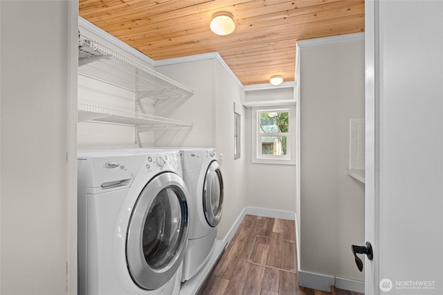 clothes washing area featuring laundry area, independent washer and dryer, wood finished floors, wooden ceiling, and baseboards
