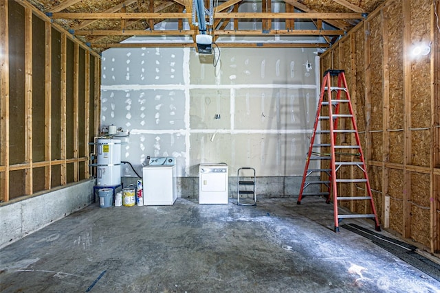 garage with secured water heater, washer / dryer, and a garage door opener