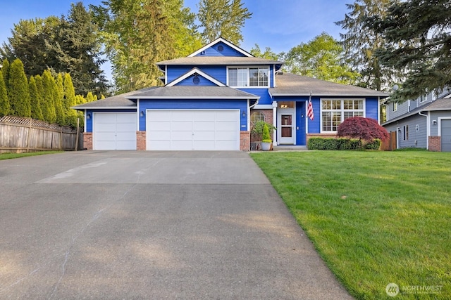 view of front of home with driveway, a front yard, a garage, brick siding, and fence